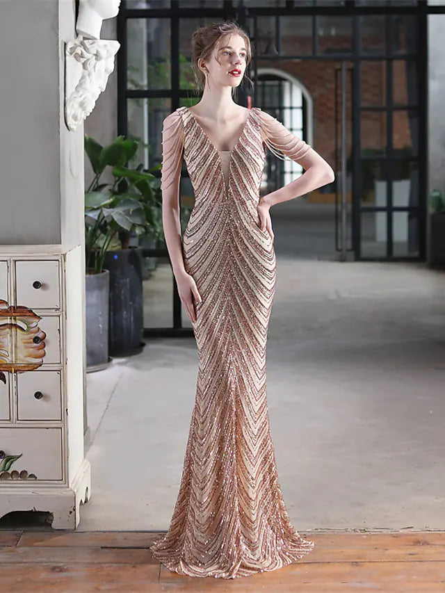 Mermaid / Trumpet Prom Dresses Elegant Dress Formal Floor Length Sleeveless V Neck Sequined with Sequin