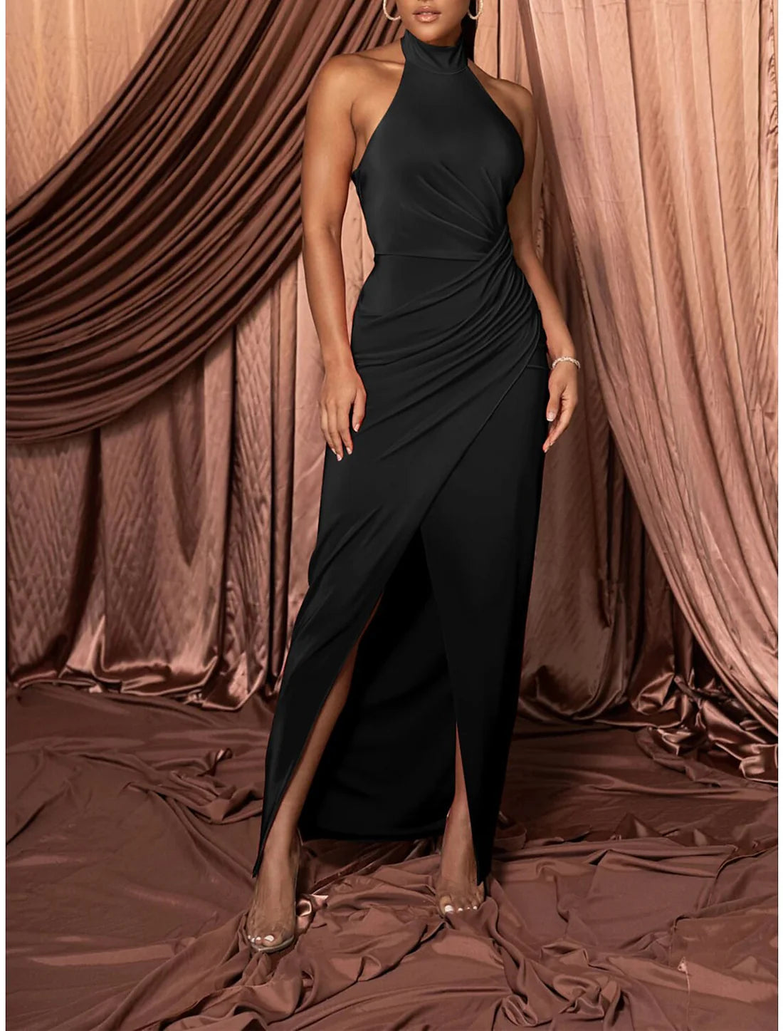 Prom Dress Party Dress Homecoming Dress Sleeveless Pure Color Ruched Halter Neck Party Evening Party Wedding Guest Summer Dress Slim