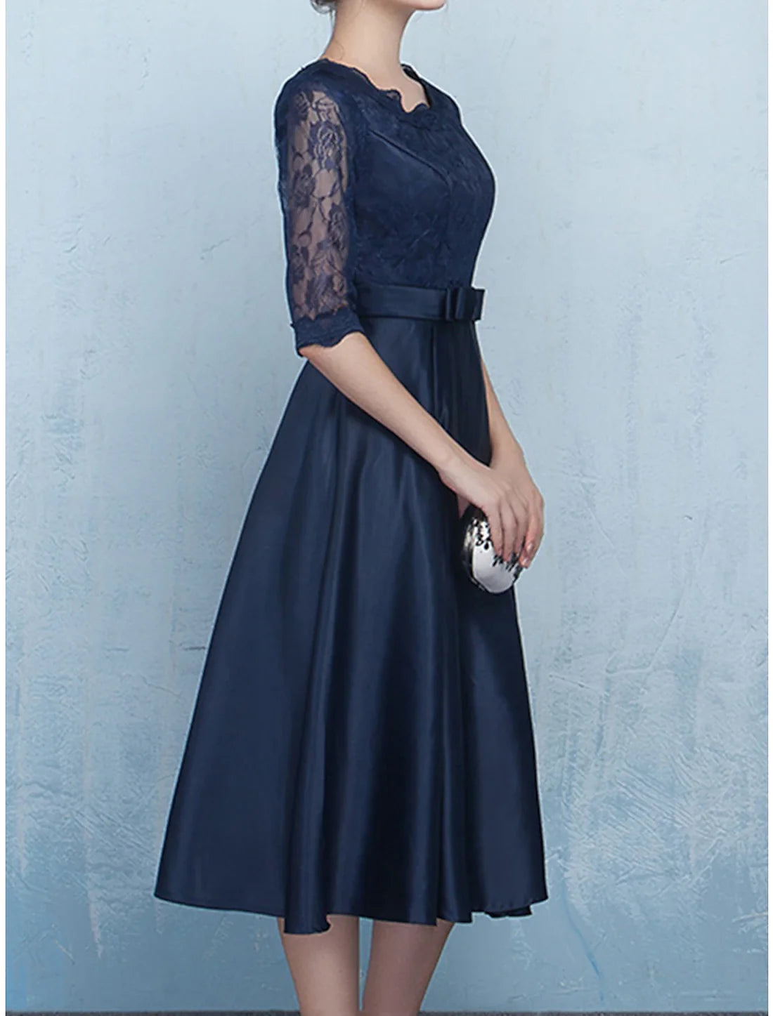 Party Dress Black Dress Lace Dress Cocktail Dress Midi Dress Black Champagne Red Half Sleeve Pure Color Lace Spring Fall Winter Crew Neck