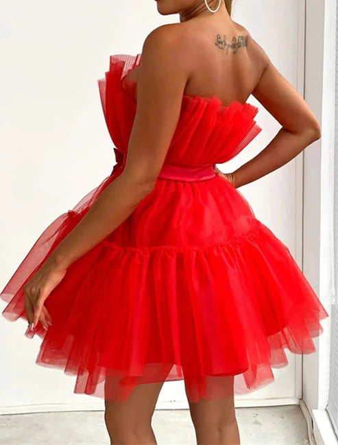 Women‘s Party Dress Corset Dress Homecoming Dress Mini Dress Sleeveless Pure Color Backless Layered Mesh Strapless Party Personalized Stylish Party