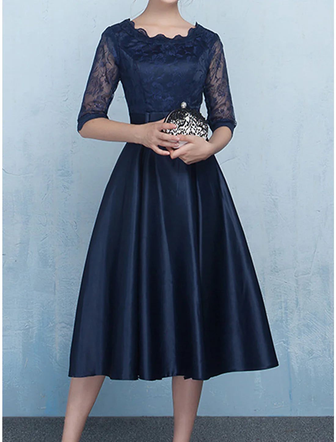 Party Dress Black Dress Lace Dress Cocktail Dress Midi Dress Black Champagne Red Half Sleeve Pure Color Lace Spring Fall Winter Crew Neck