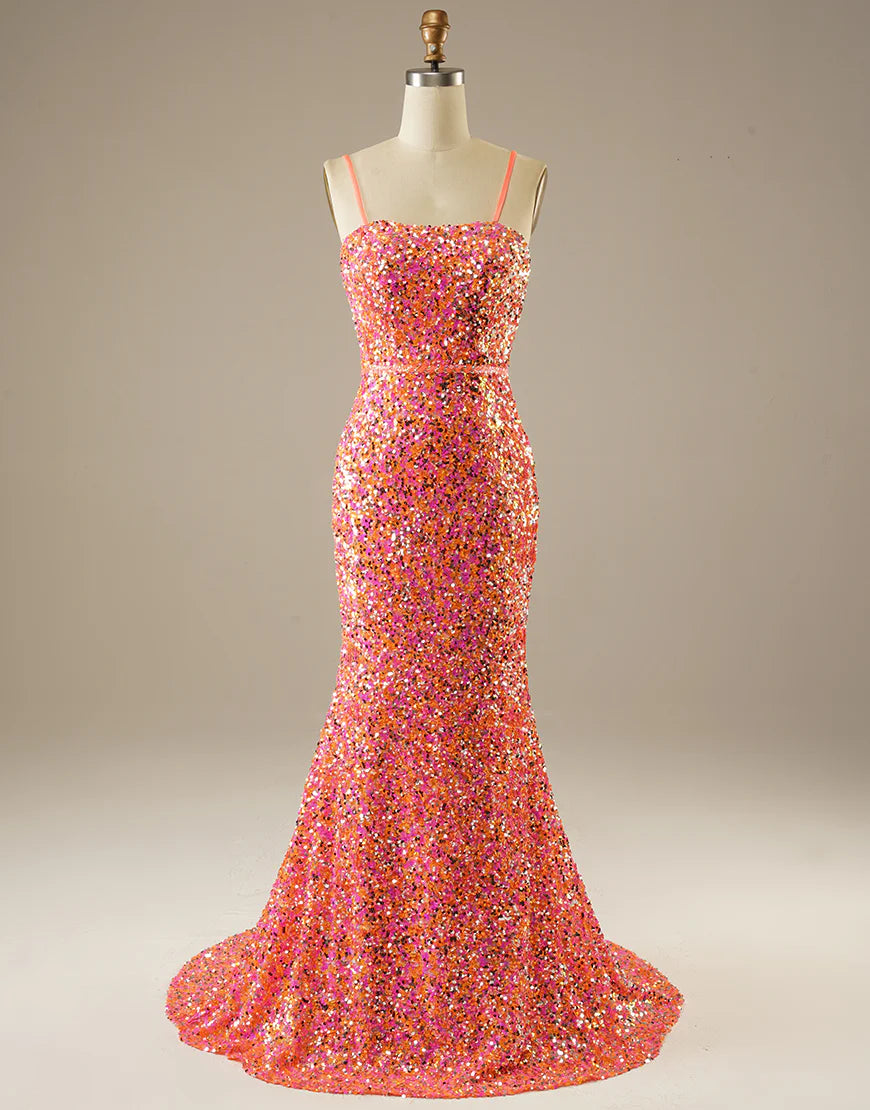 Sheath/Mermaid Sleek Glittering Sparkle Spaghetti Straps Prom Dress