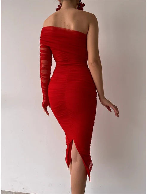 Sheath & Sexy Cocktail Dress Party Dress Wedding Guest Dress Bodycon Midi Dress Long Sleeve Ruched Spring Fall Winter One Shoulder Party Birthday Evening Party Wedding Guest Slim