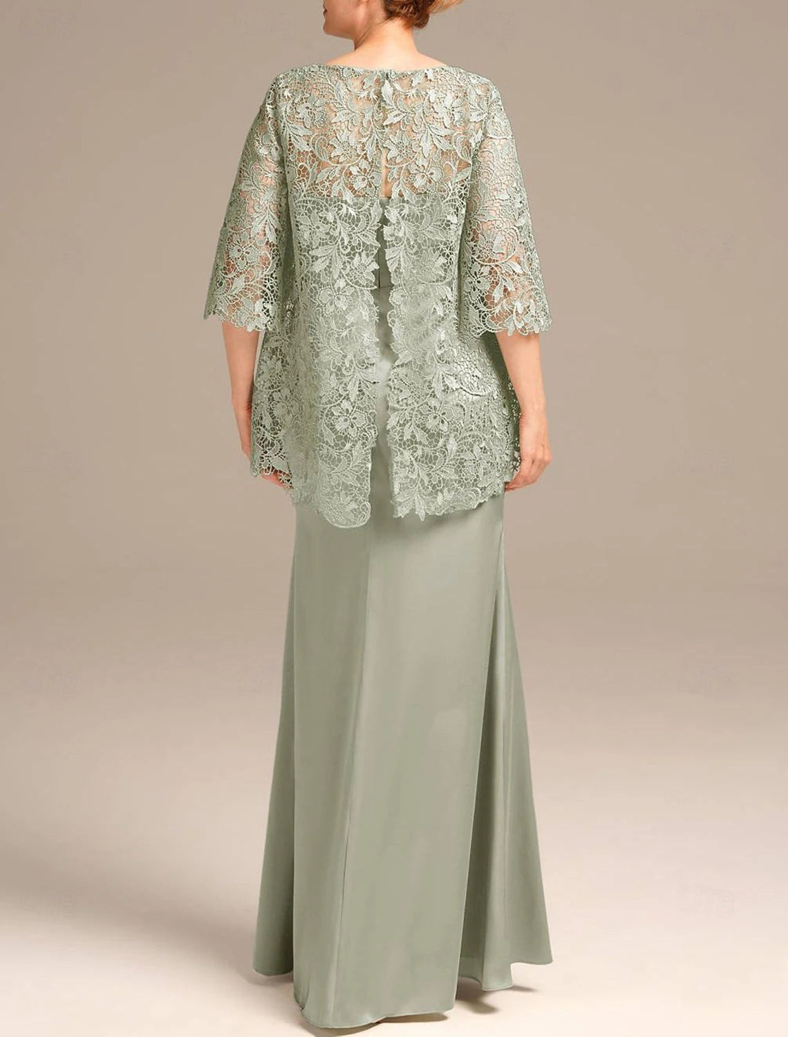 Wedding Guest Dress Jewel Neck Floor Length Mother of the Bride Dress Satin Lace Half Sleeve with Embroidery
