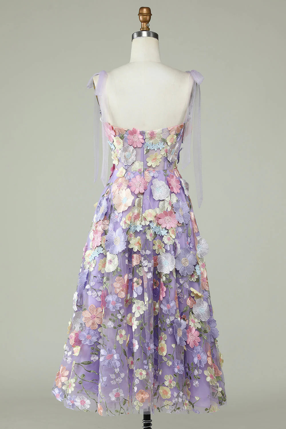 A Line Sweetheart Spaghetti Straps Blue/Purple Tea Length Prom Dress with 3D Flowers