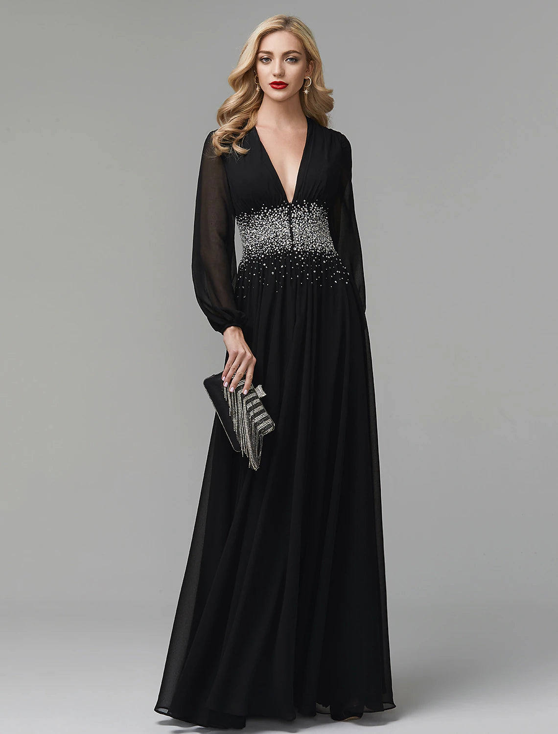 A-Line Evening Dress Celebrity Red Carpet Formal Gown Party Dress Black Tie Wedding Guest Floor Length Long Sleeve V Neck Chiffon with Sequin