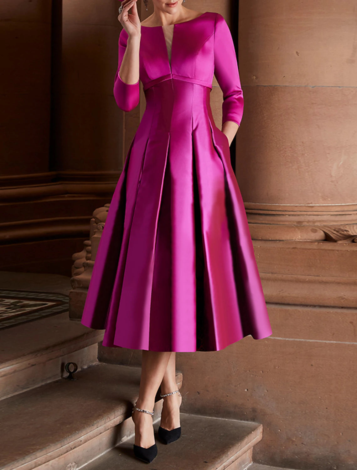 A-Line Cocktail Dresses Minimalist Wedding Guest Tea Length 3/4 Length Sleeve Jewel Neck Fall Wedding Guest Satin with Pleats