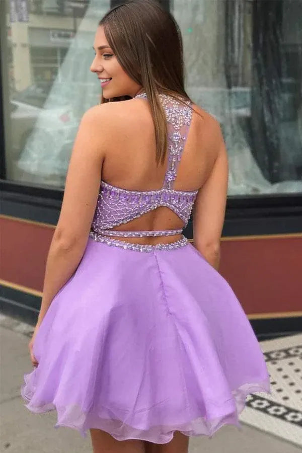 Two Pieces High Halter-neck Chiffon Homecoming Dress With Beading