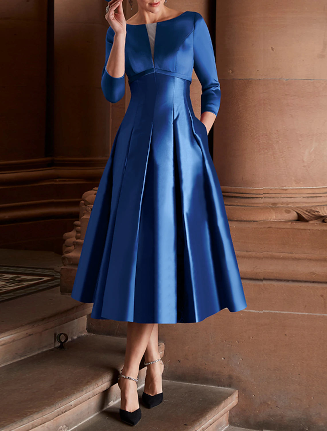 A-Line Cocktail Dresses Minimalist Wedding Guest Tea Length 3/4 Length Sleeve Jewel Neck Fall Wedding Guest Satin with Pleats