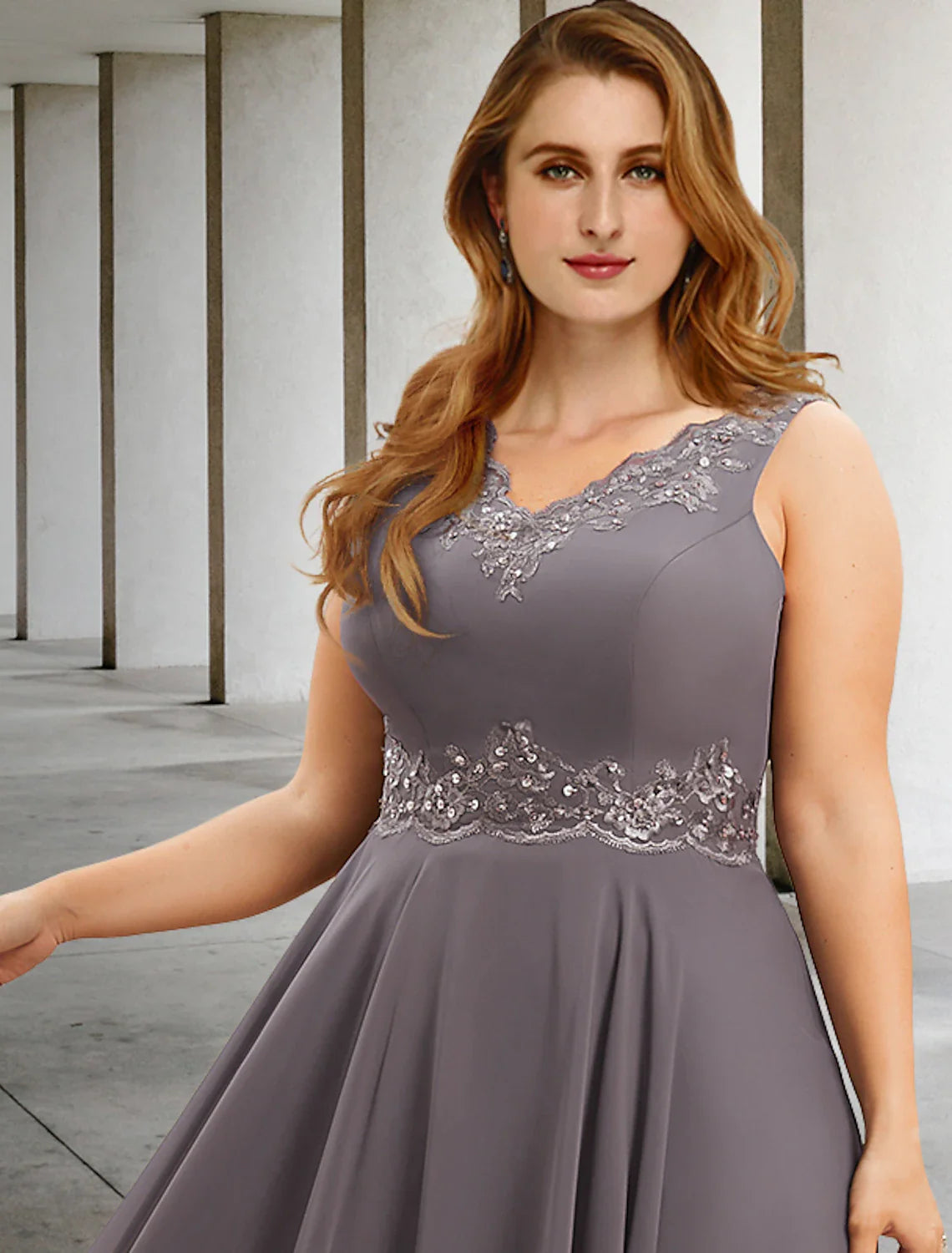 Two Piece A-Line Evening Gown Elegant Dress Plus Size Formal Tea Length Sleeveless V Neck Chiffon with Appliques