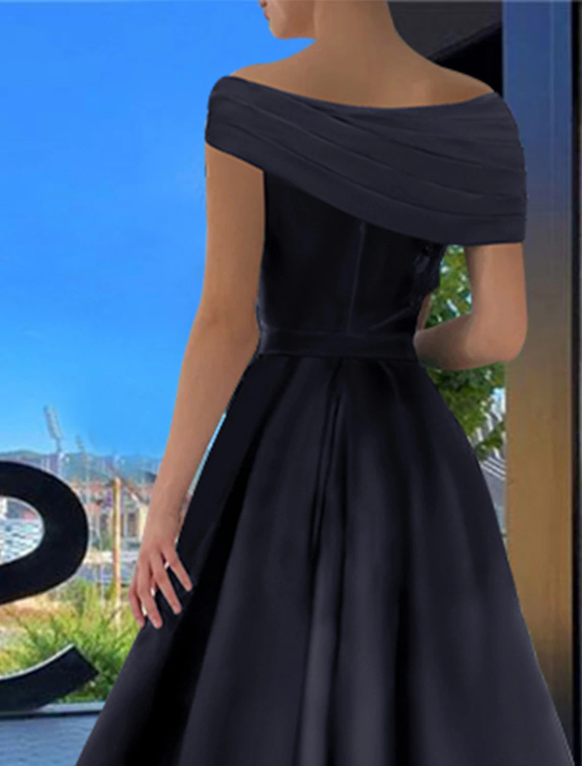 A-Line Prom Dresses Black Dress Plus Size Formal Wedding Party Floor Length Short Sleeve Off Shoulder Satin with Ruched Slit