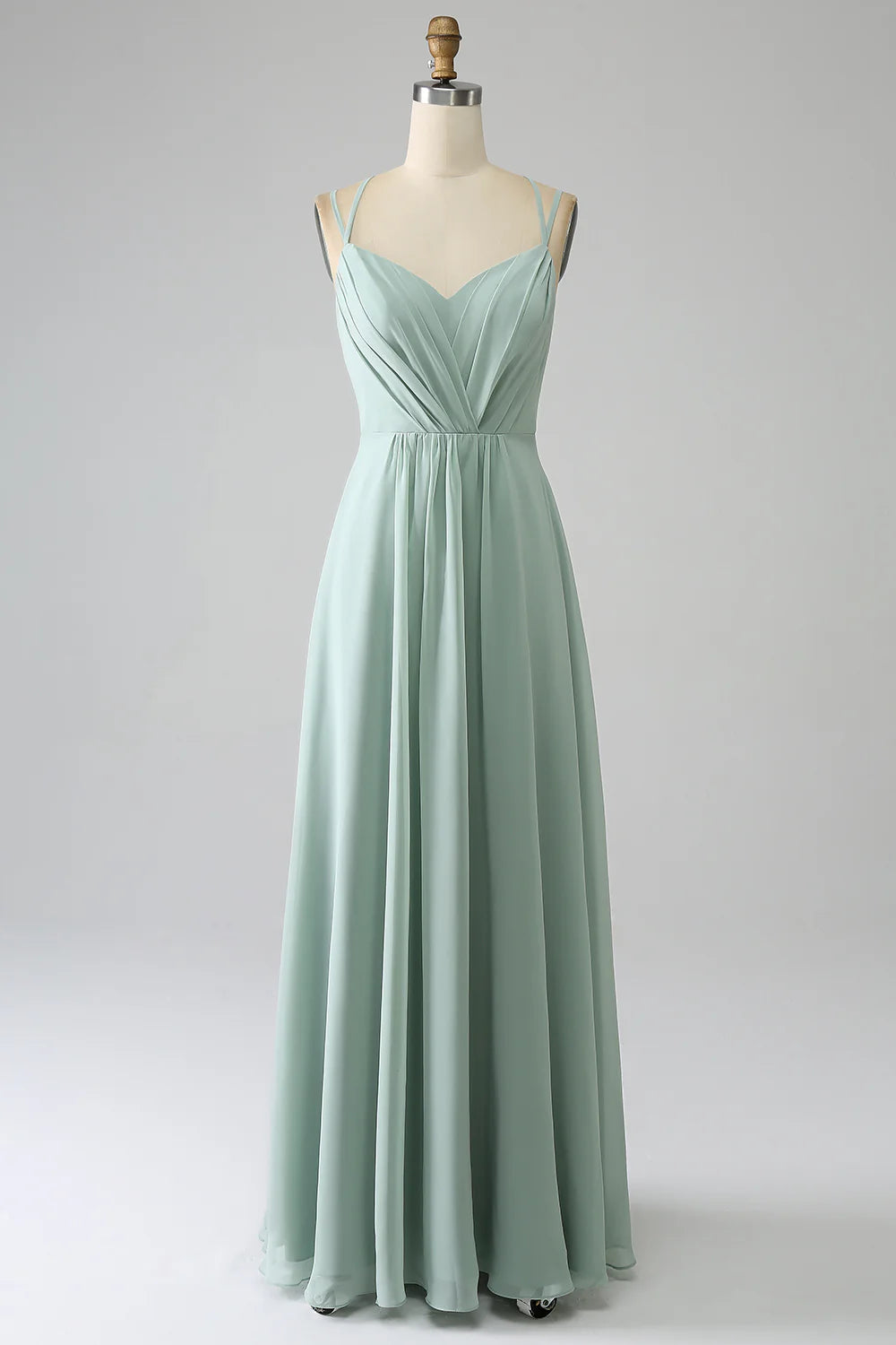 A-Line V Neck Spaghetti Straps Backless Pleated Long Bridesmaid Dress