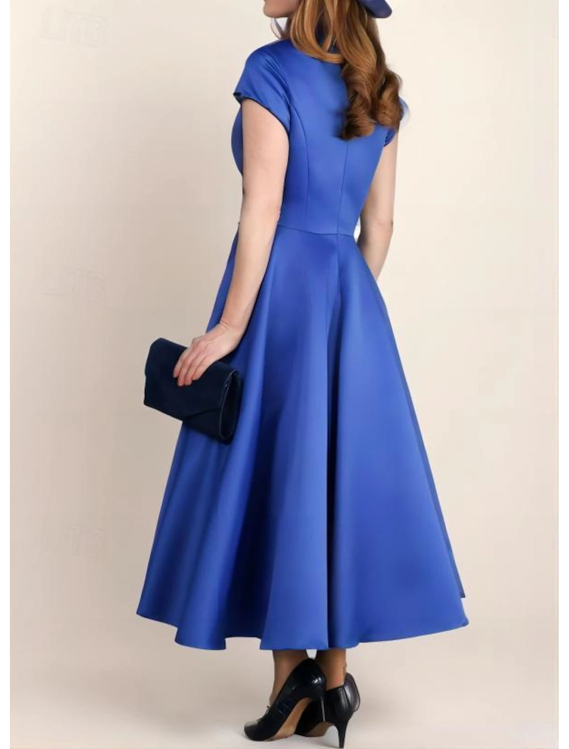 A-Line Mother of the Bride Dress V Neck Tea Length Satin Short Sleeve with Ruched Flower