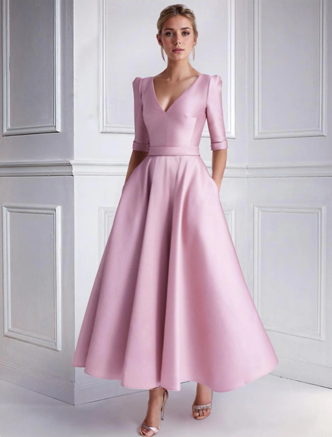 A-Line Cocktail Dresses Formal Wedding Guest Tea Length Half Sleeve V Neck Satin with Pocket 