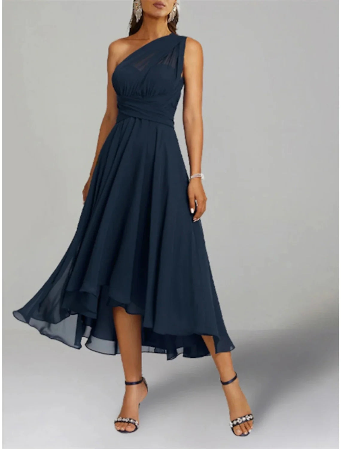 Two Piece A-Line Wedding Guest Dresses Elegant Dress Cocktail Party Tea Length 3/4 Length Sleeve V Neck Convertible Chiffon with Shawl