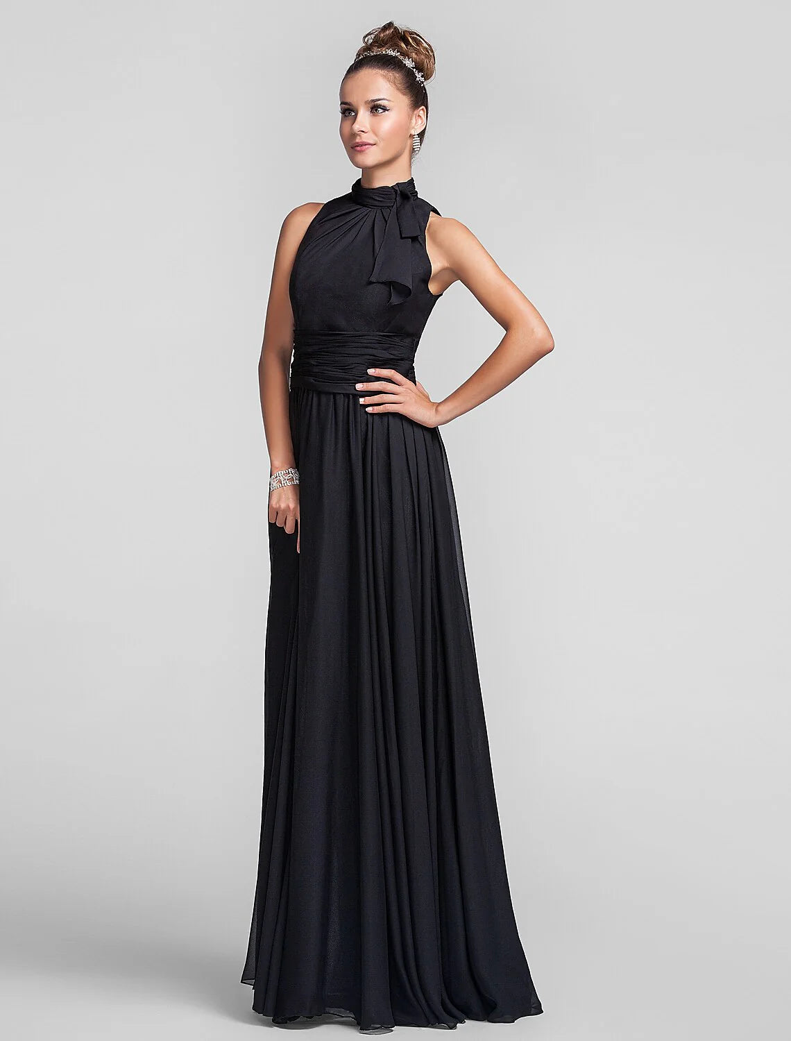 Sheath / Column Elegent Bridesmaid Dress High Neck Sleeveless Vintage Inspired Floor Length Chiffon with Ruched / Cascading Ruffles