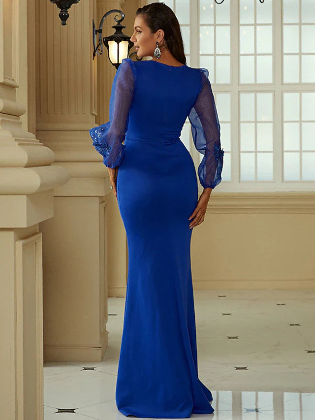 Mermaid / Trumpet Evening Gown Elegant Dress Formal Sweep / Brush Train Long Sleeve Square Neck Polyester with Pure Color Splicing