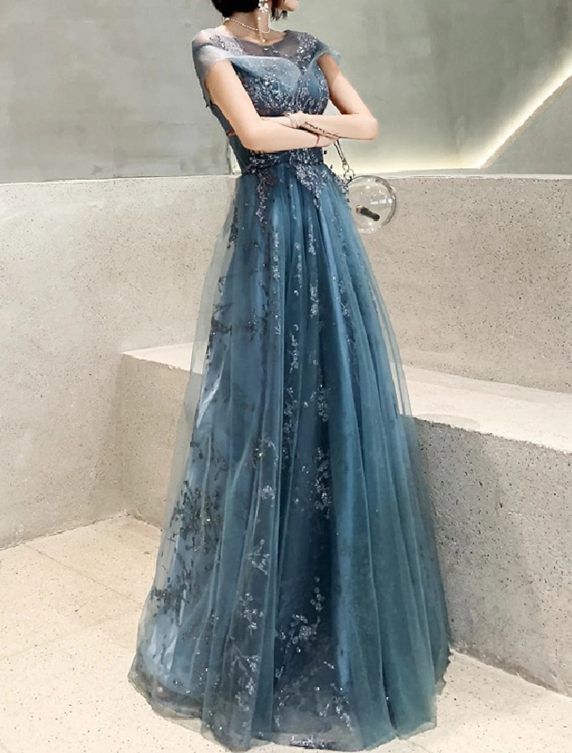 A-Line Jewel Neck Floor Length Wedding Guest Tulle Short Sleeve Mother of the Bride Dress with Pleats Appliques
