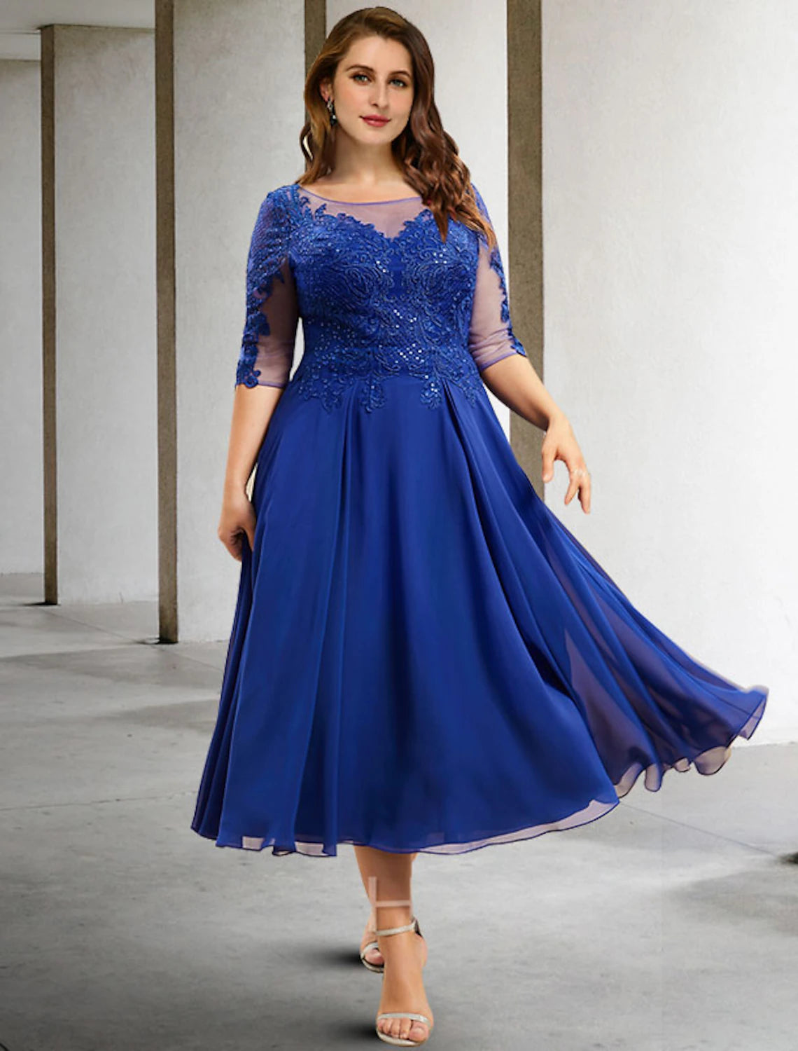 Plus Size Tea Length Half Sleeve Formal Wedding Guest Dress Jewel Neck Chiffon Mother of the Bride Dresses with Pleats Sequin Appliques