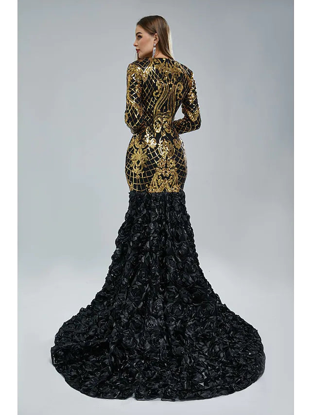 Mermaid / Trumpet Evening Gown Elegant & Luxurious Dress Engagement Court Train Long Sleeve V Neck Sequined with Sequin