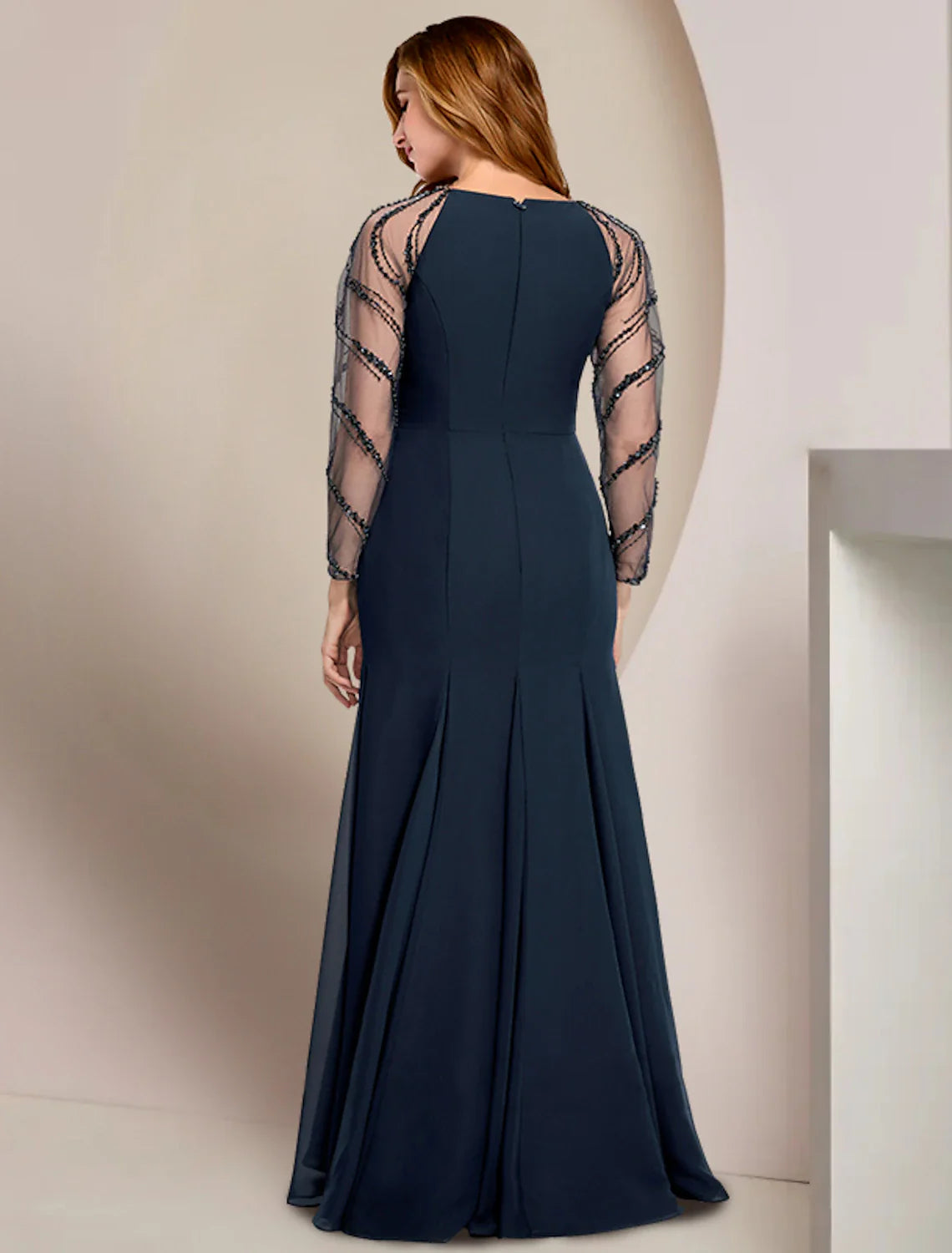 Mother of the Bride Dresses Plus Size Curve Hide Belly Wedding Guest Vintage Elegant V Neck Floor Length Chiffon Long Sleeve with Pleats Sequin