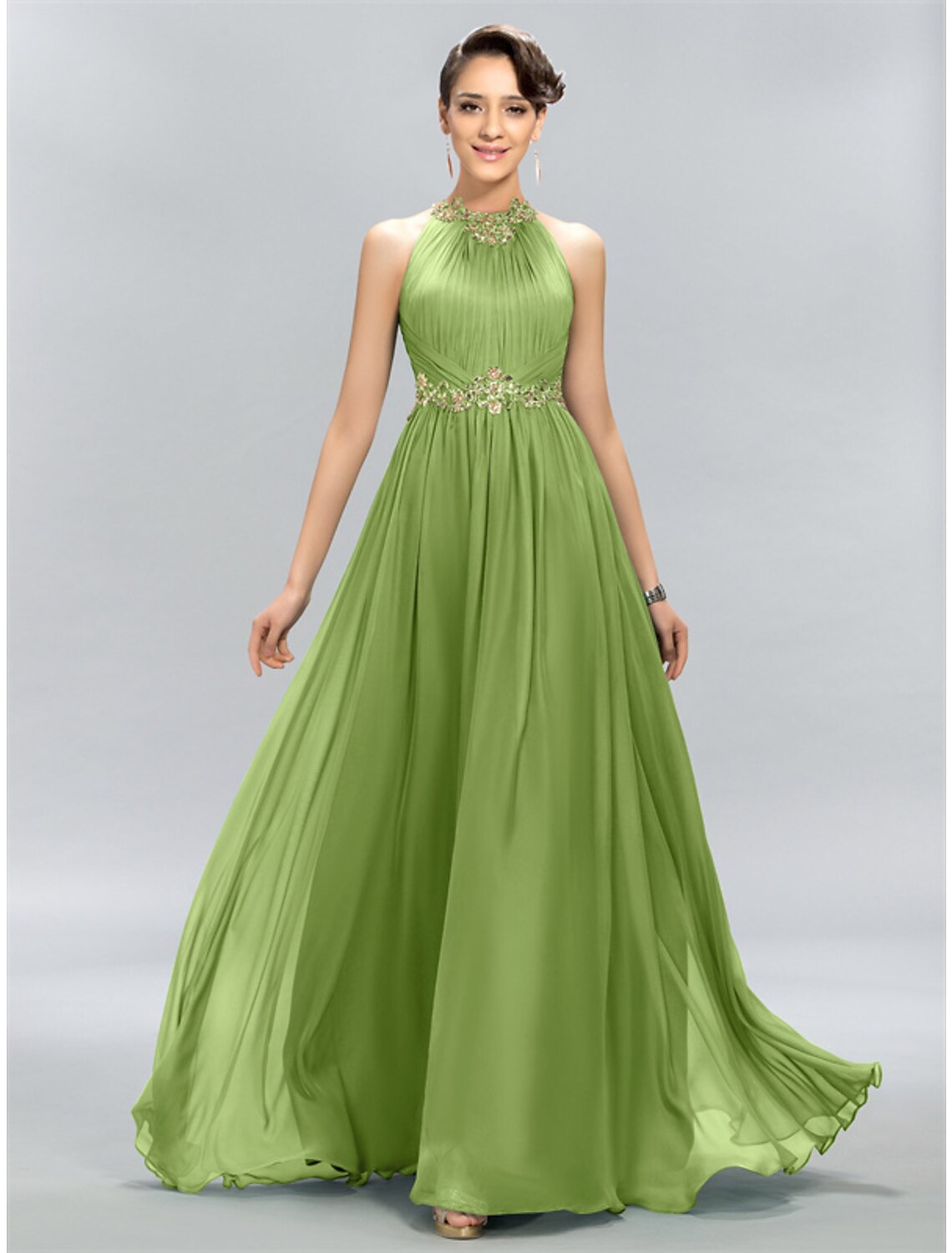 A-Line Wedding Guest Dresses Maxi Dress Party Wear Wedding Party Floor Length Sleeveless Halter Neck Chiffon with Ruched Appliques
