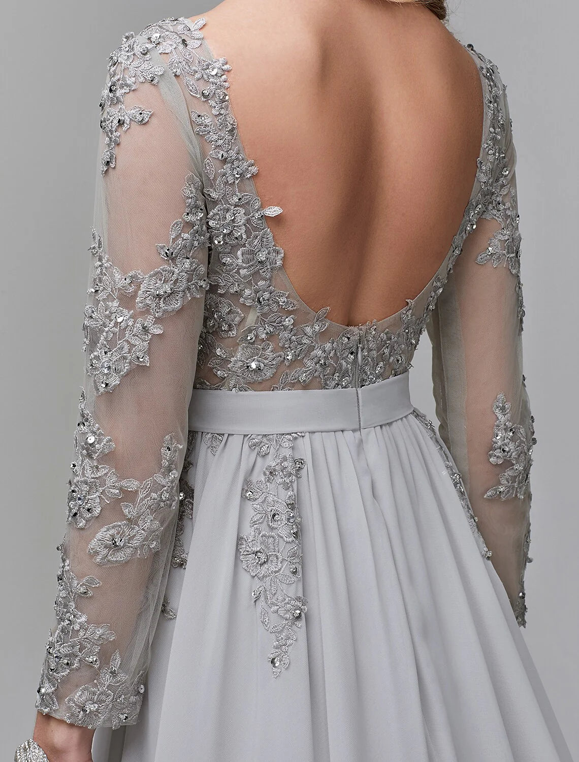 A-Line Luxurious Engagement Formal Evening Dress Illusion Neck V Back Low Back Long Sleeve Chapel Train Chiffon with Sequin Appliques