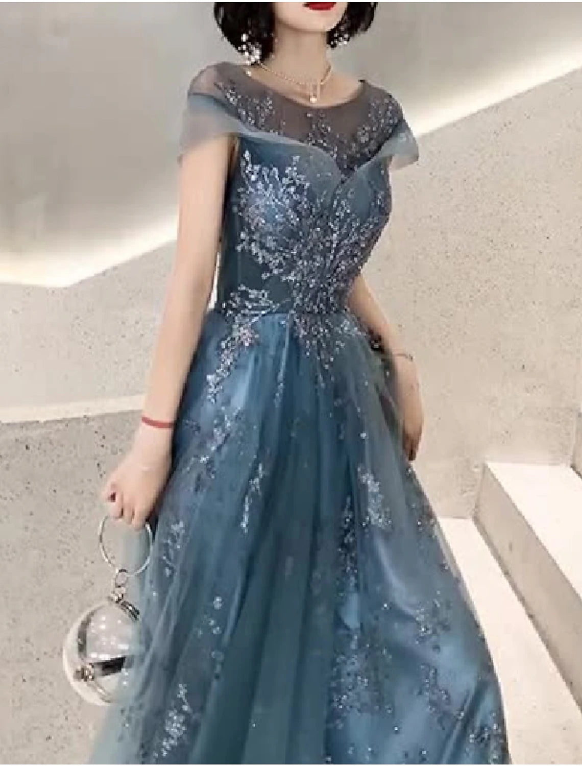A-Line Jewel Neck Floor Length Wedding Guest Tulle Short Sleeve Mother of the Bride Dress with Pleats Appliques