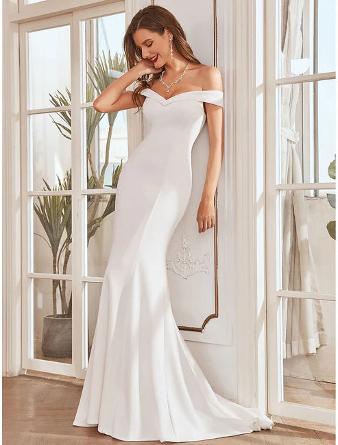 Mermaid / Trumpet Off Shoulder Cap Sleeve Sweep / Brush Train Stretch Fabric Bridal Gowns With Pleats Draping 5.0 (16 reviews) Wedding Dresses&Bridal Dresses