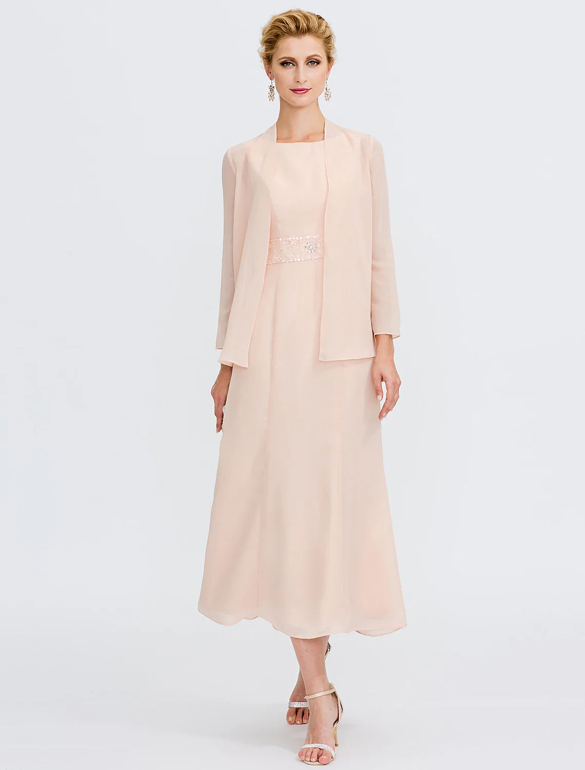 Two Piece Sheath / Column Mother of the Bride Dress Fall Wedding Guest Dresses Plus Size Elegant Jewel Neck Tea Length Chiffon Sleeveless Included with Sash / Ribbon Pleats Beading