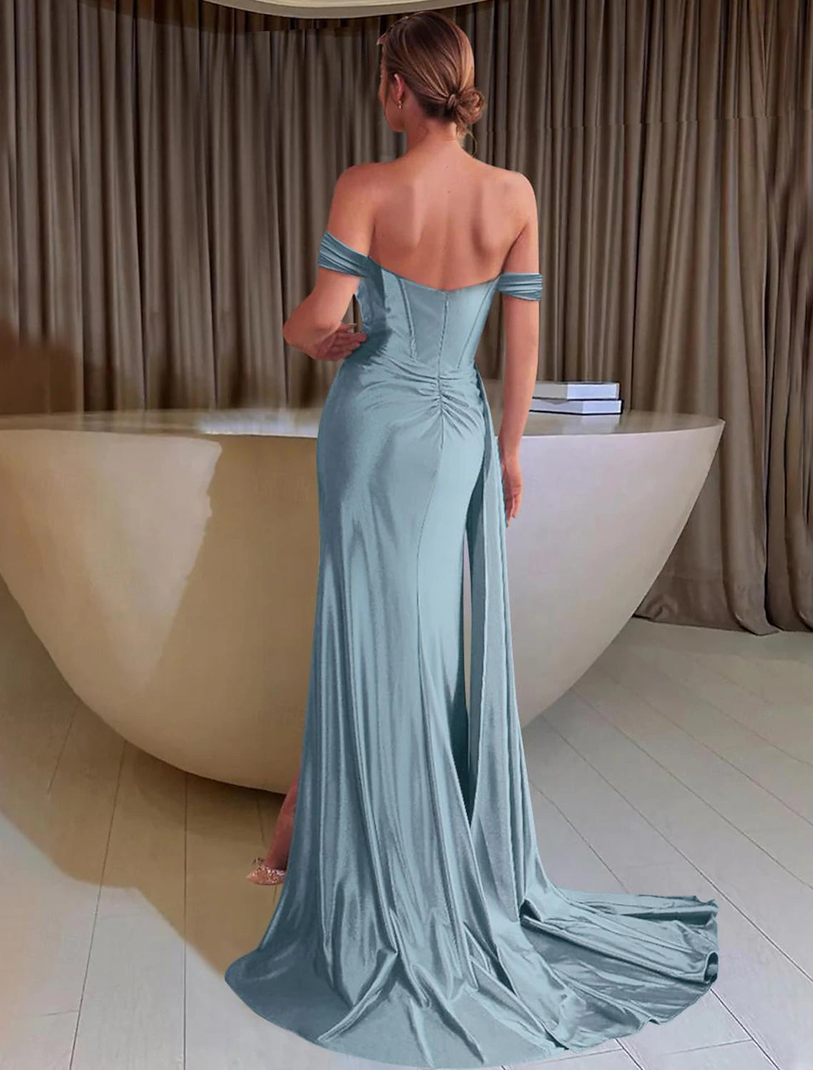 Sheath Mermaid Off the Shoulder Party Dress Floor Length Sleek Satin Ruched Long Prom Dress