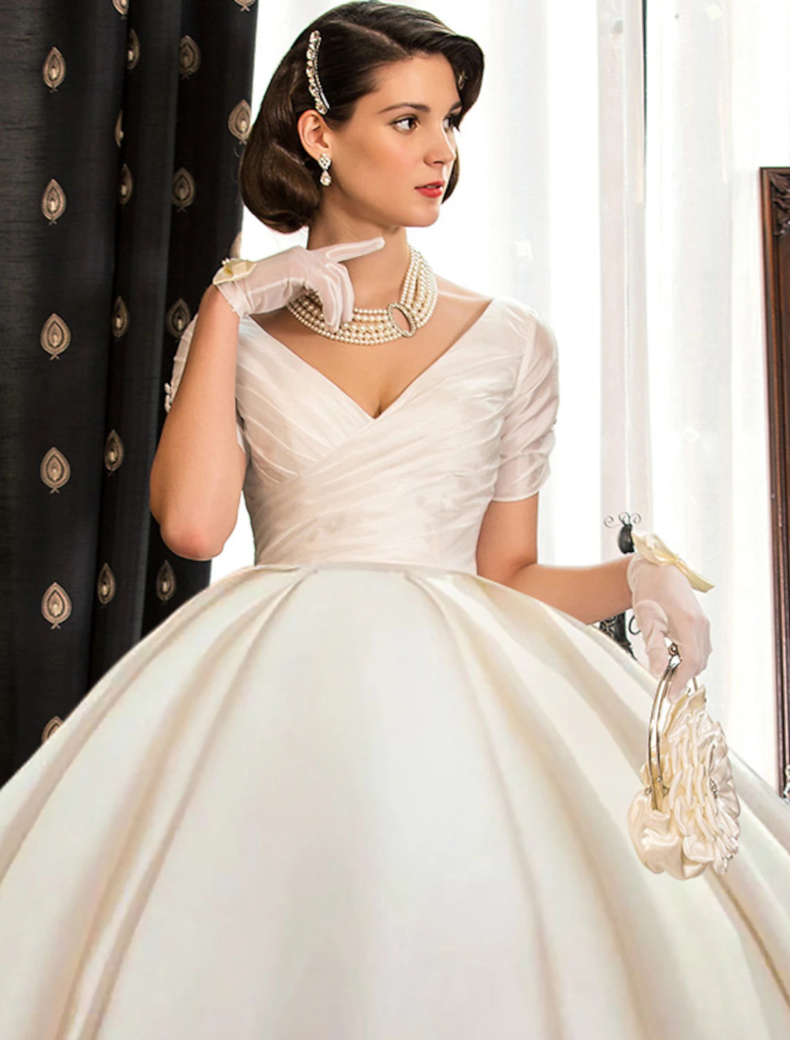 Engagement Formal Fall Wedding Dresses Ball Gown V Neck Short Sleeve Court Train Satin Bridal Gowns With Ruched Solid Color Summer Wedding Party, Women‘s Clothing