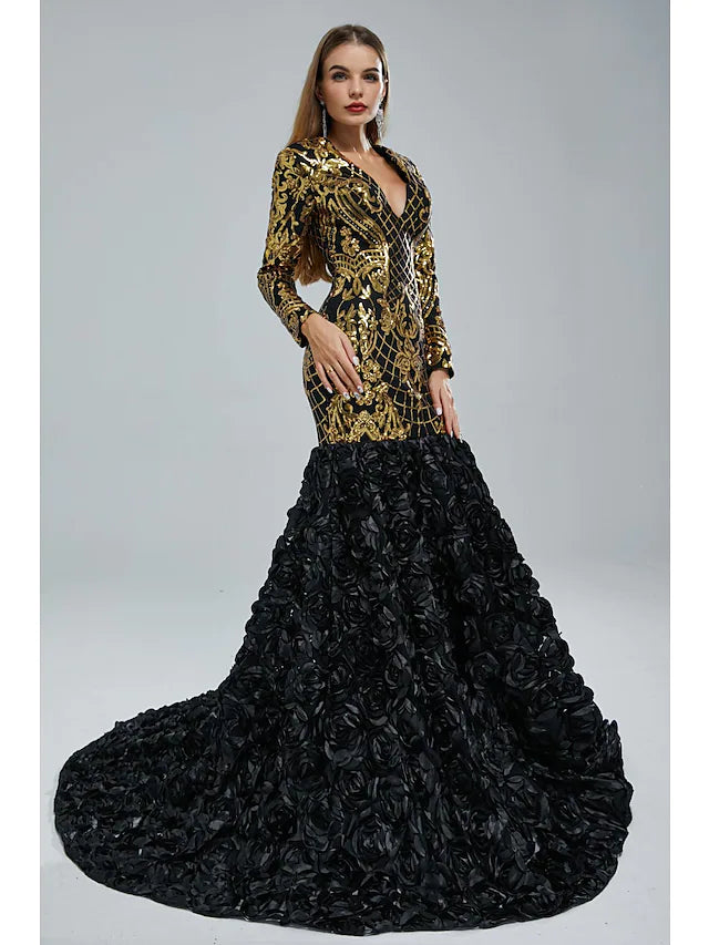 Mermaid / Trumpet Evening Gown Elegant & Luxurious Dress Engagement Court Train Long Sleeve V Neck Sequined with Sequin