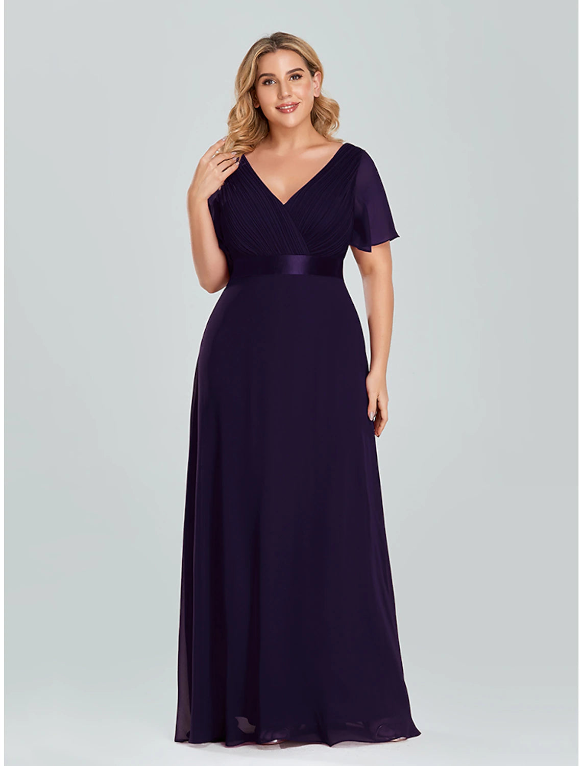 A-Line Evening Gown Party Dress Empire Dress Wedding Guest Formal Evening Floor Length Short Sleeve V Neck Bridesmaid Dress Chiffon V Back with Ruffles Pure Color