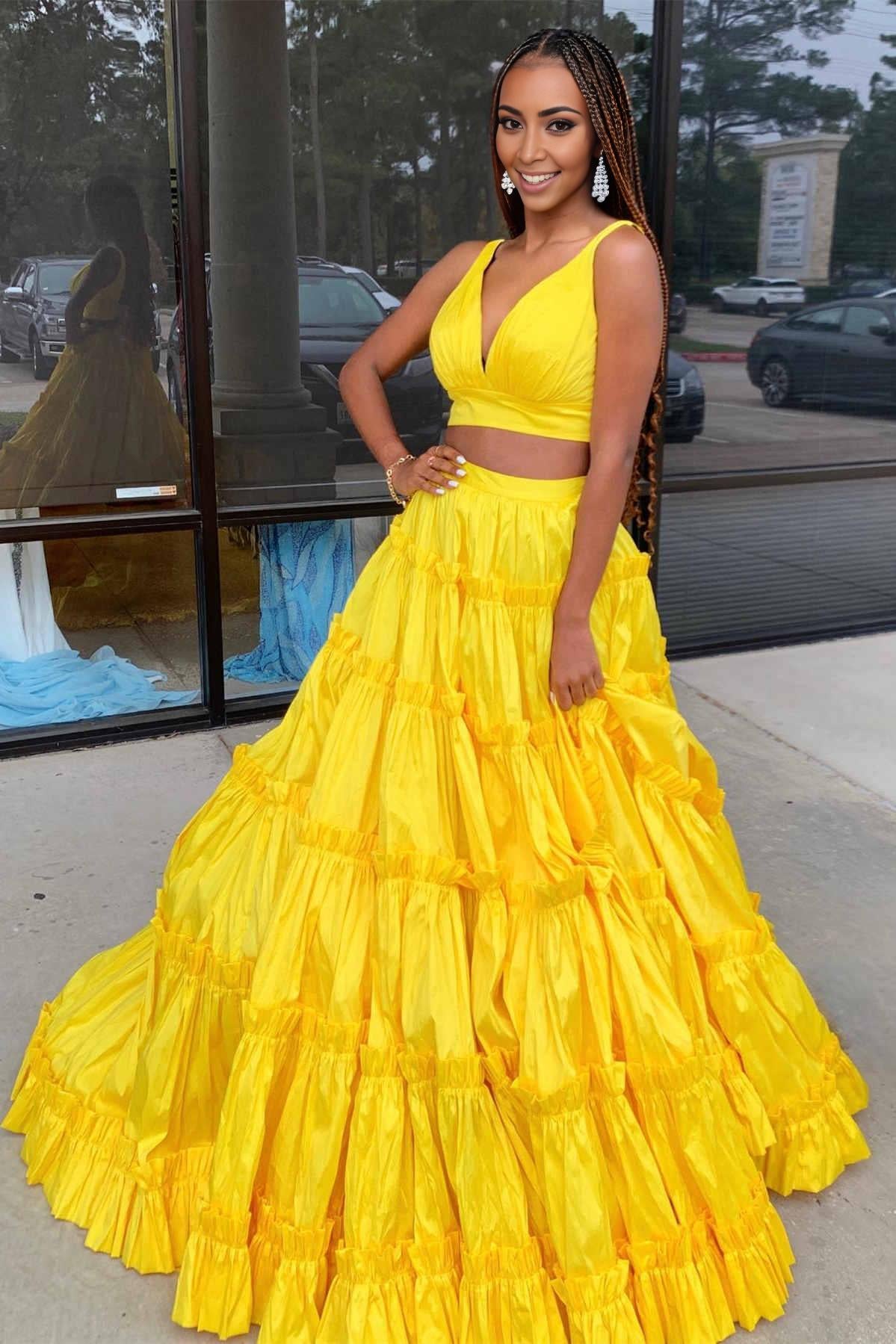 A-Line Two Pieces Spaghetti Straps V Neck Open Back Ruffle Prom Dress Sexy