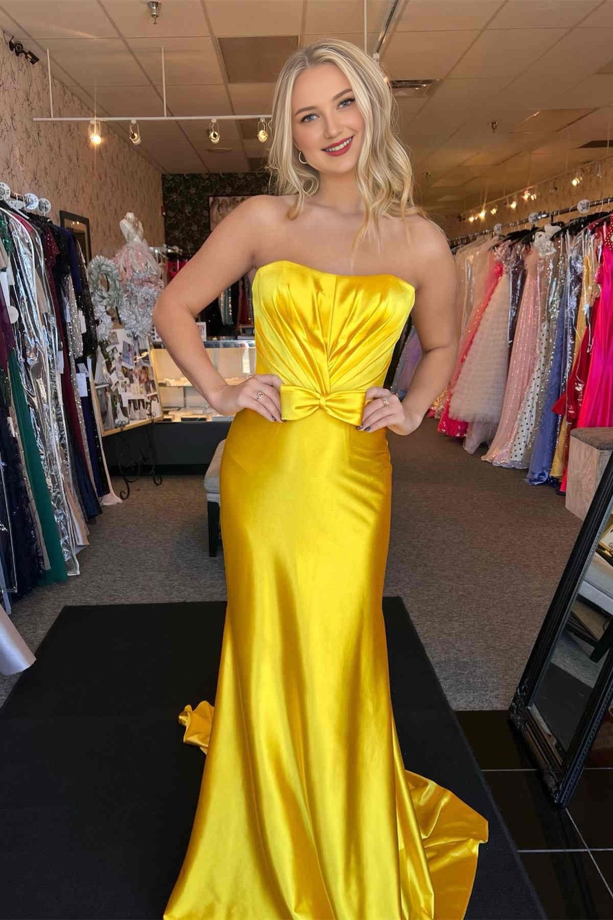 Sheath Mermaid Strapless Sweep/Brush Train Dresses Pleated Bow Prom Dress