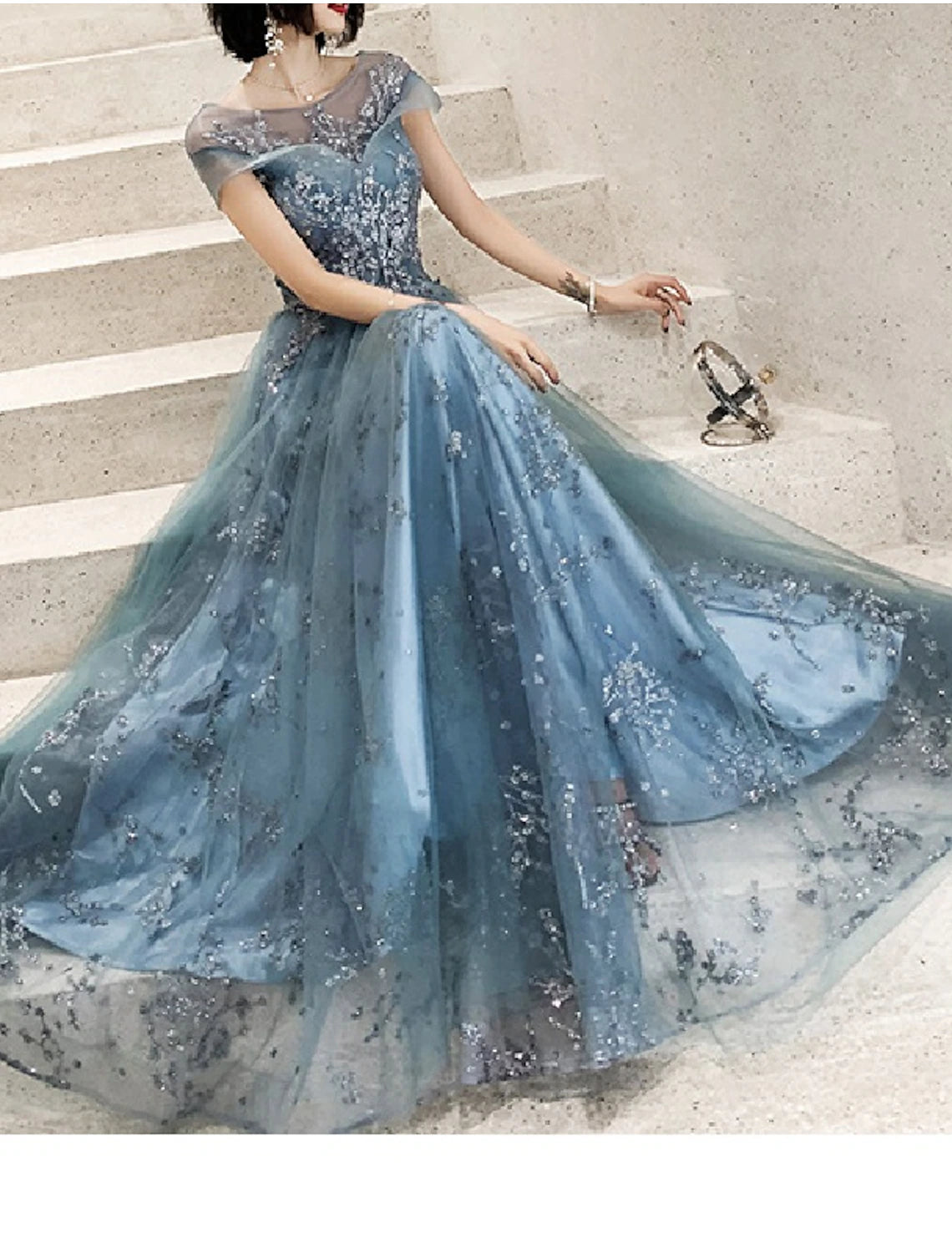 A-Line Jewel Neck Floor Length Wedding Guest Tulle Short Sleeve Mother of the Bride Dress with Pleats Appliques