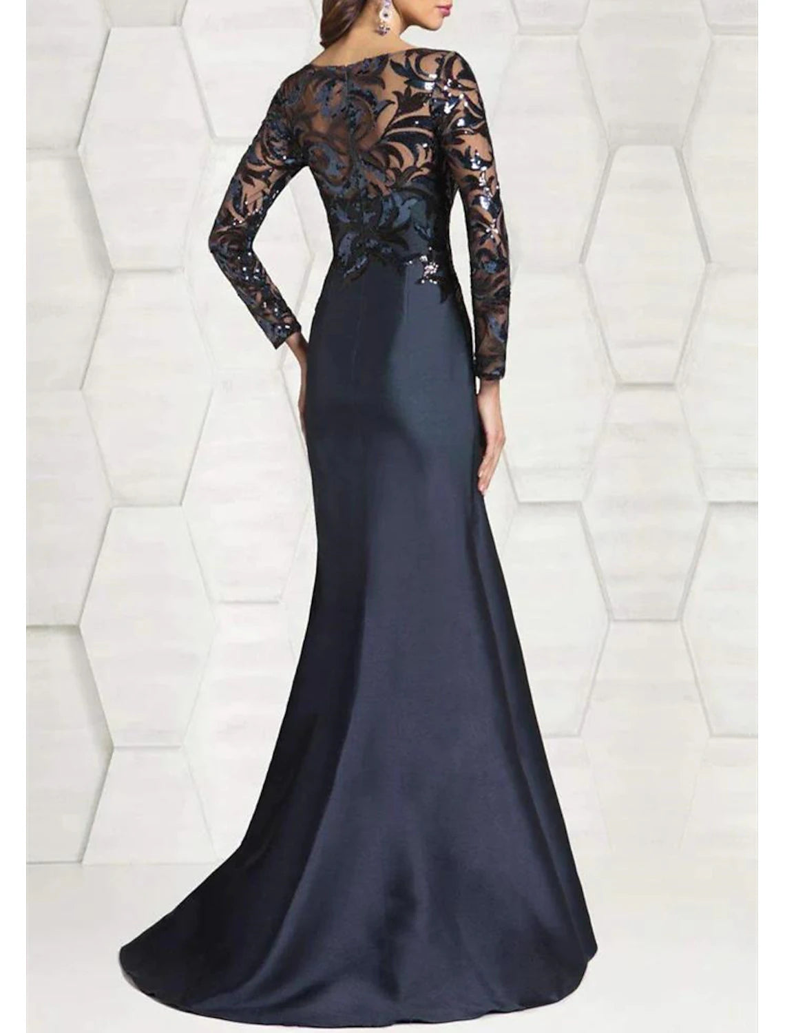 Mother of the Bride Dress Wedding Guest Sparkle Shine Jewel Neck Floor Length Satin Sequined Long Sleeve with Sequin Color Block