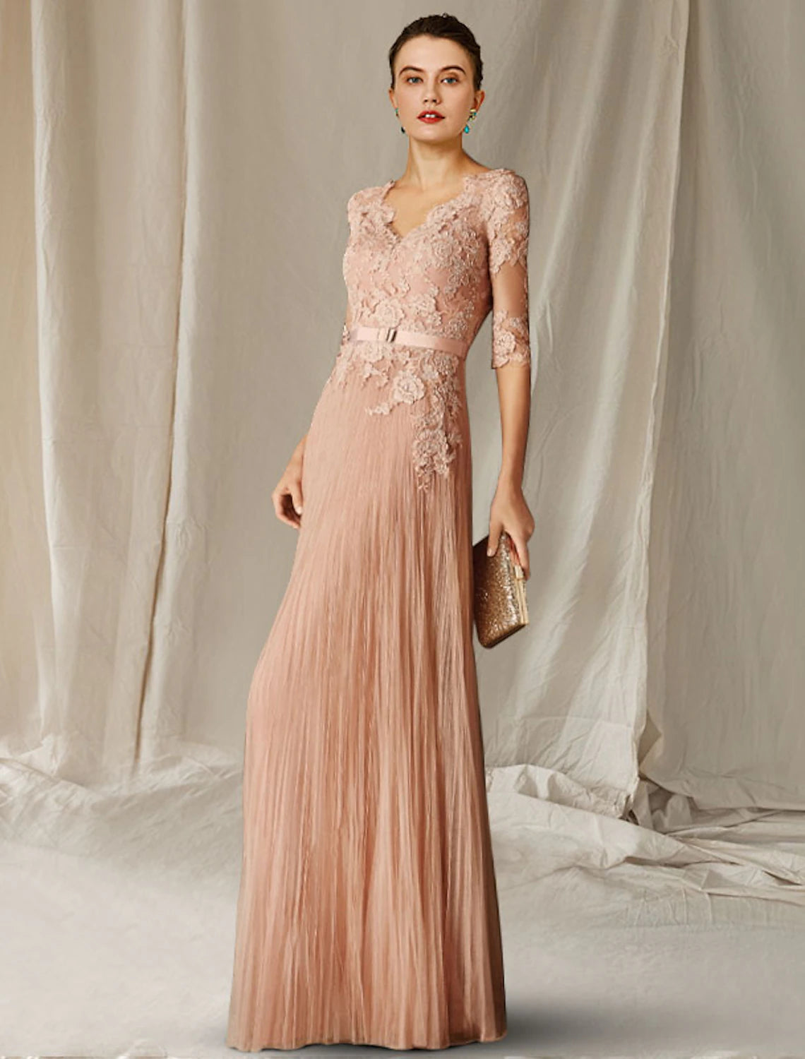 A-Line Mother of the Bride Dress Wedding Guest Luxurious Elegant V Neck Floor Length Lace Tulle Half Sleeve with Pleats Appliques Fall