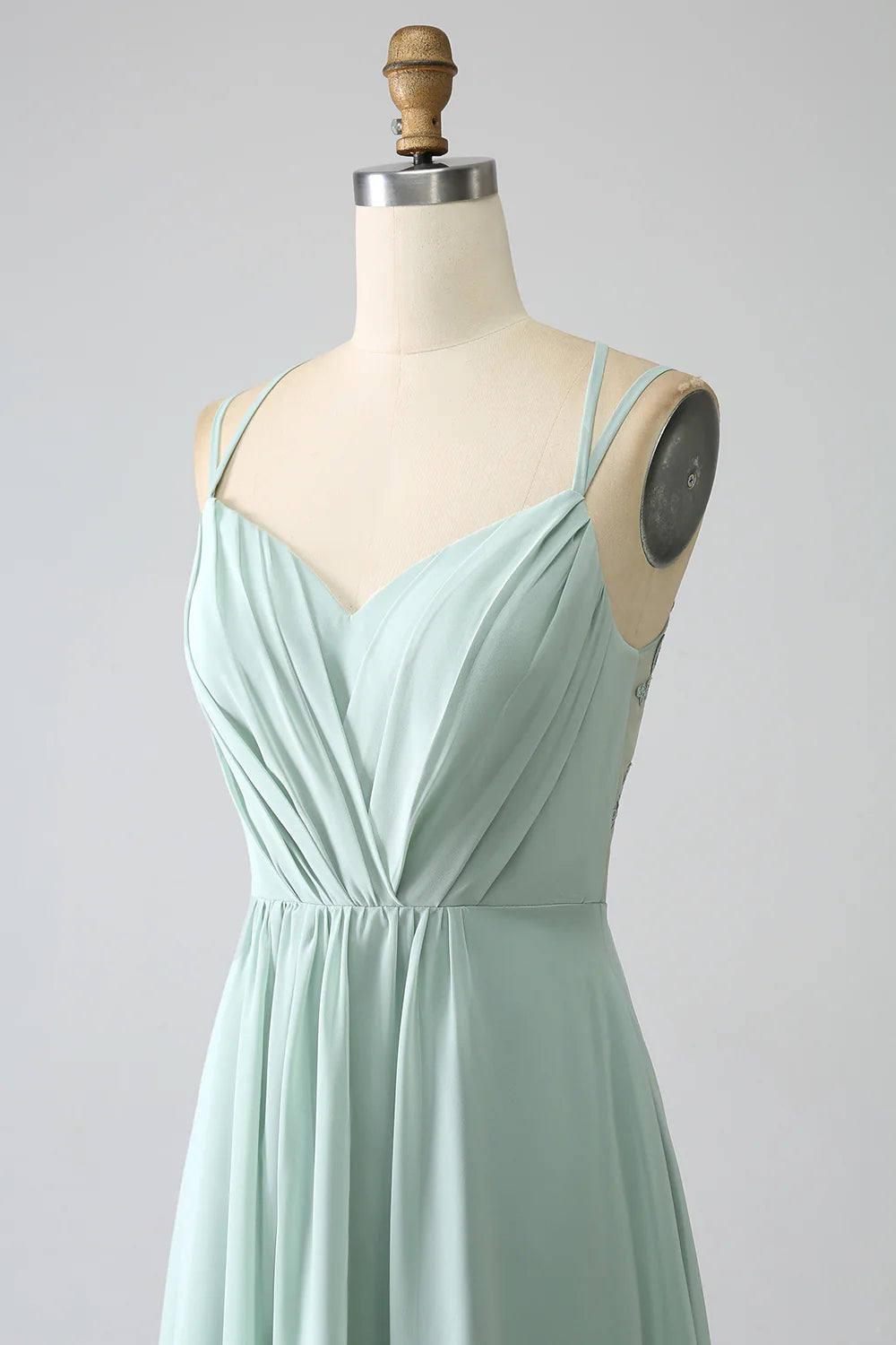 A-Line V Neck Spaghetti Straps Backless Pleated Long Bridesmaid Dress