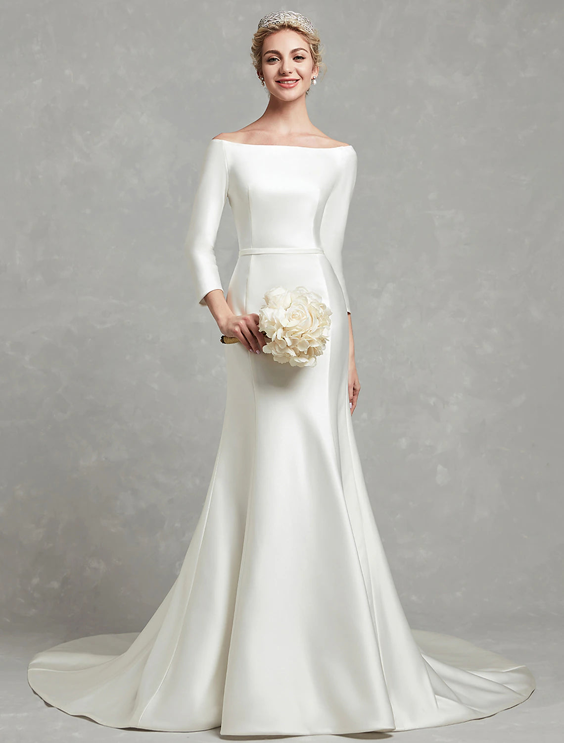 Casual Fall Wedding Dresses Mermaid / Trumpet Off Shoulder 3/4 Length Sleeve Chapel Train Satin Bridal Gowns With Pleats Summer Wedding Party, Women's Clothing