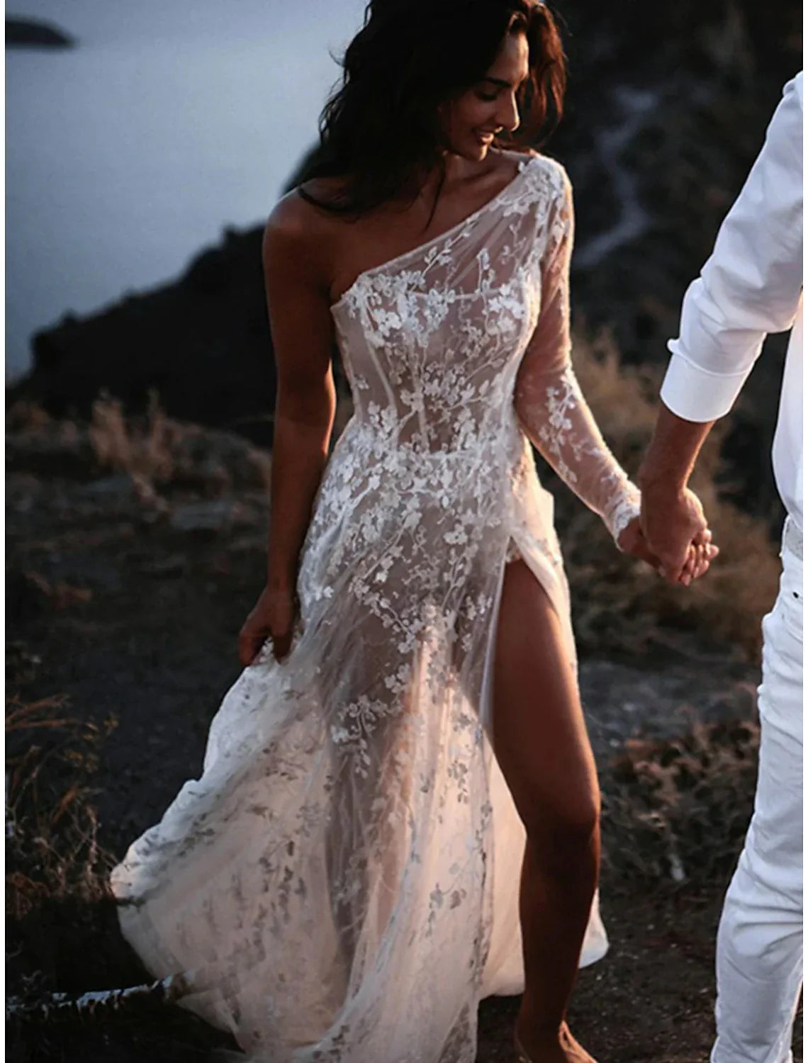 Reception Little White Dresses Wedding Dresses A-Line One Shoulder Tea Length Chiffon Bridal Gowns With Embroidery Solid Color