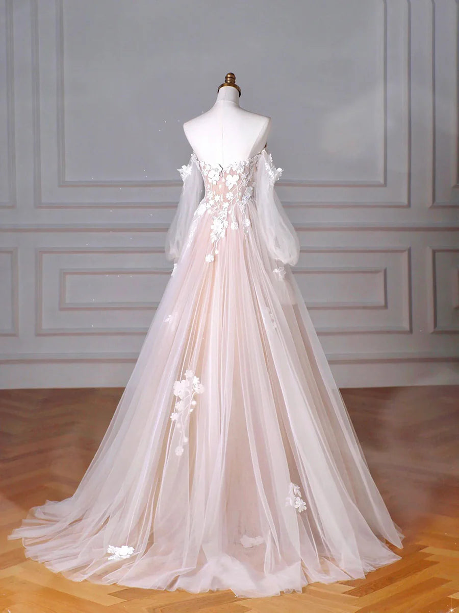 A-Line Prom Dresses Open Back Dress Formal Wedding Guest Floor Length Puff Sleeves Champagne Tulle Lace Sweetheart Neck Party Dress with Appliques