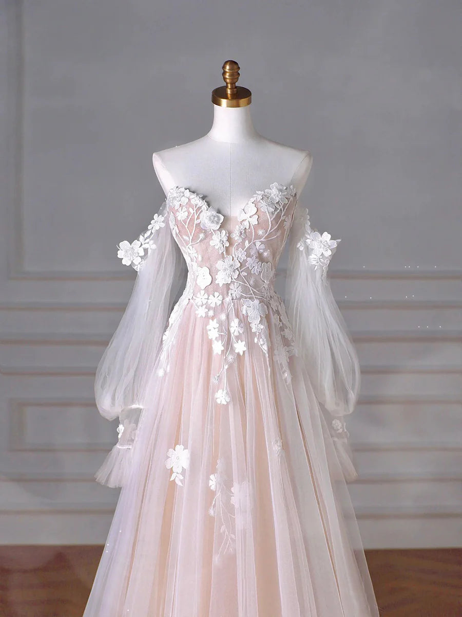 A-Line Prom Dresses Open Back Dress Formal Wedding Guest Floor Length Puff Sleeves Champagne Tulle Lace Sweetheart Neck Party Dress with Appliques
