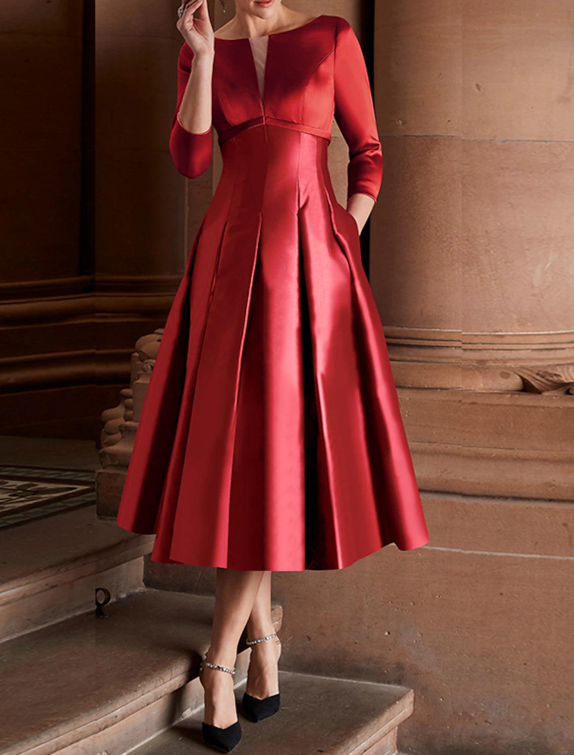 A-Line Cocktail Dresses Minimalist Wedding Guest Tea Length 3/4 Length Sleeve Jewel Neck Fall Wedding Guest Satin with Pleats
