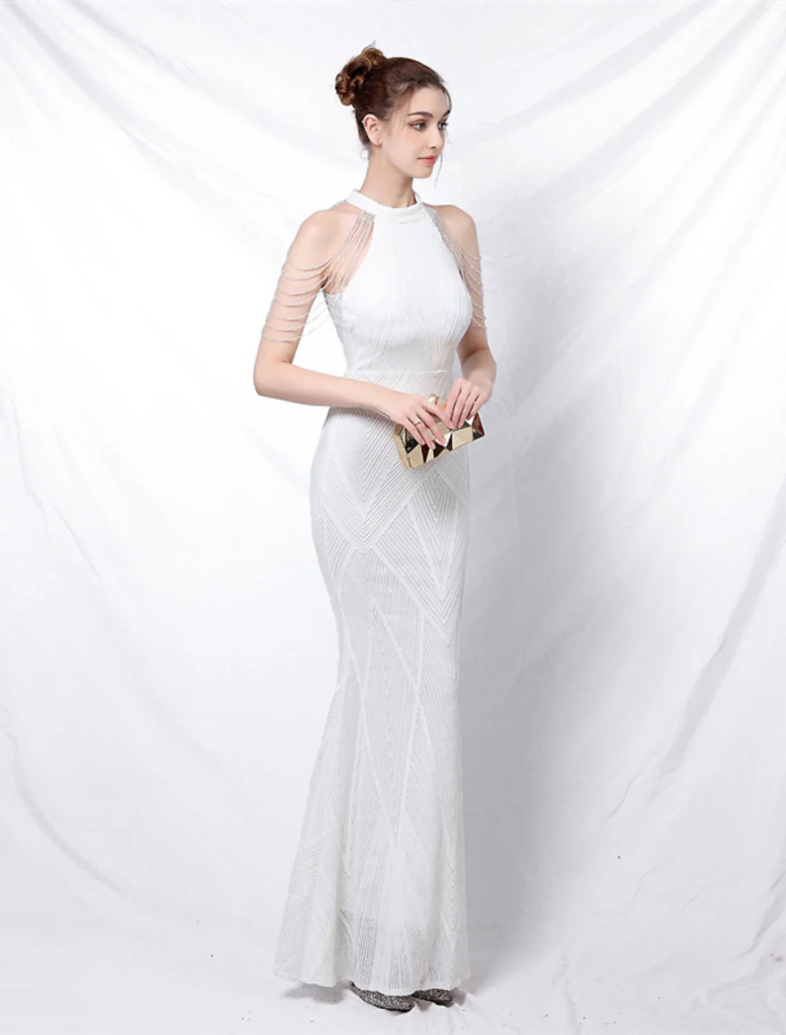 Mermaid / Trumpet Evening Gown Sparkle & Shine Dress Formal Floor Length Short Sleeve High Neck Sequined Backless with Crystals Sequin