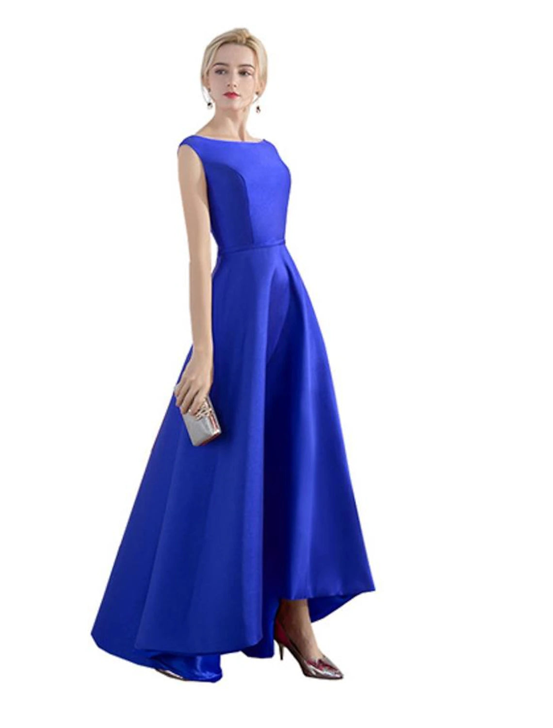 A-Line Evening Gown Christmas Red Green Dress Wedding Guest Party Wear Asymmetrical Sleeveless Jewel Neck Satin with Sleek