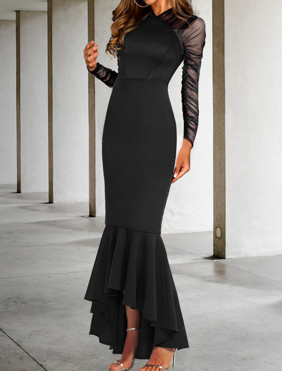 Sheath Mermaid Black Long Sleeve Prom Dresses Asymmetrical Long Sleeve V Neck Stretch Fabric Formal Dress with Ruched Ruffles