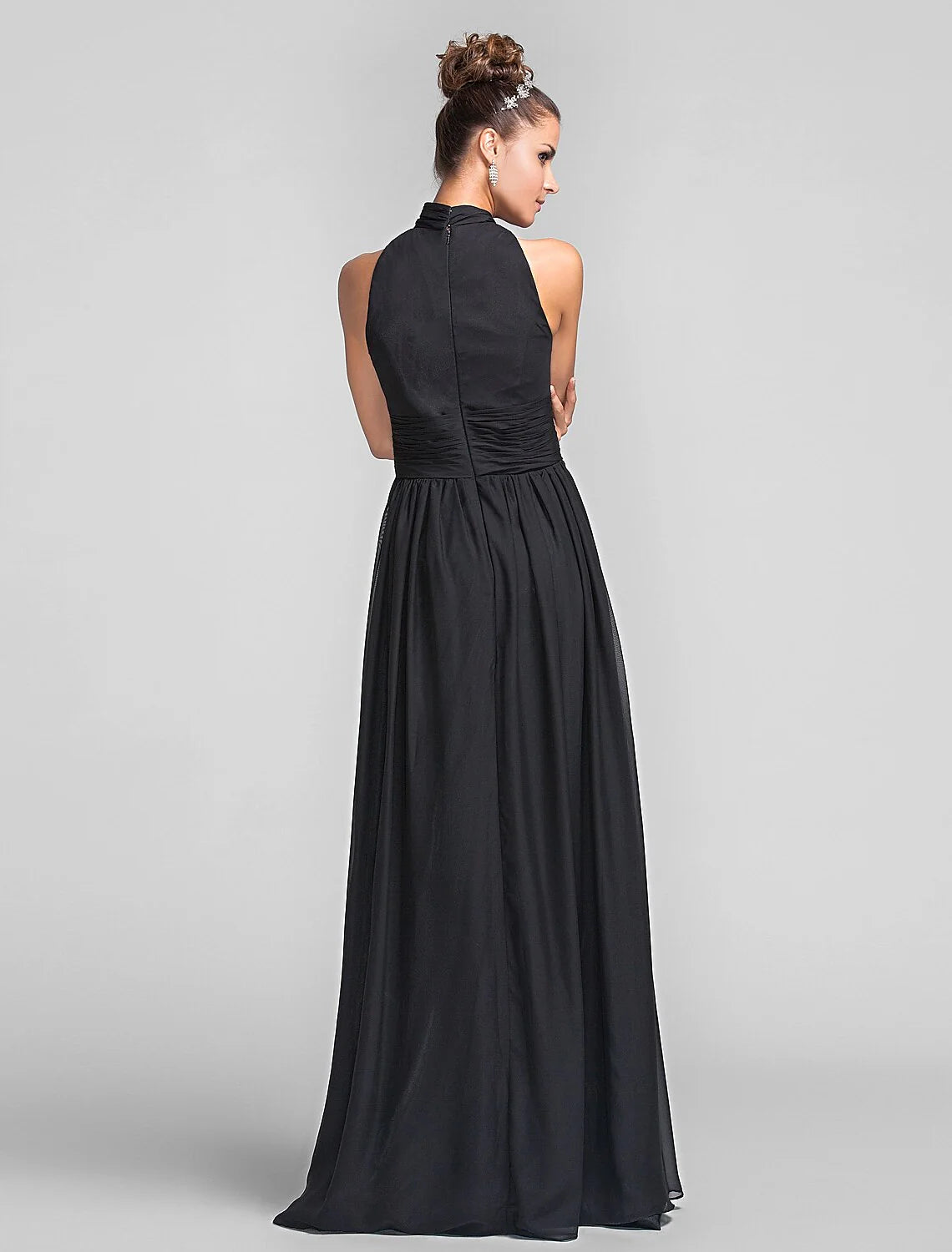 Sheath / Column Elegent Bridesmaid Dress High Neck Sleeveless Vintage Inspired Floor Length Chiffon with Ruched / Cascading Ruffles