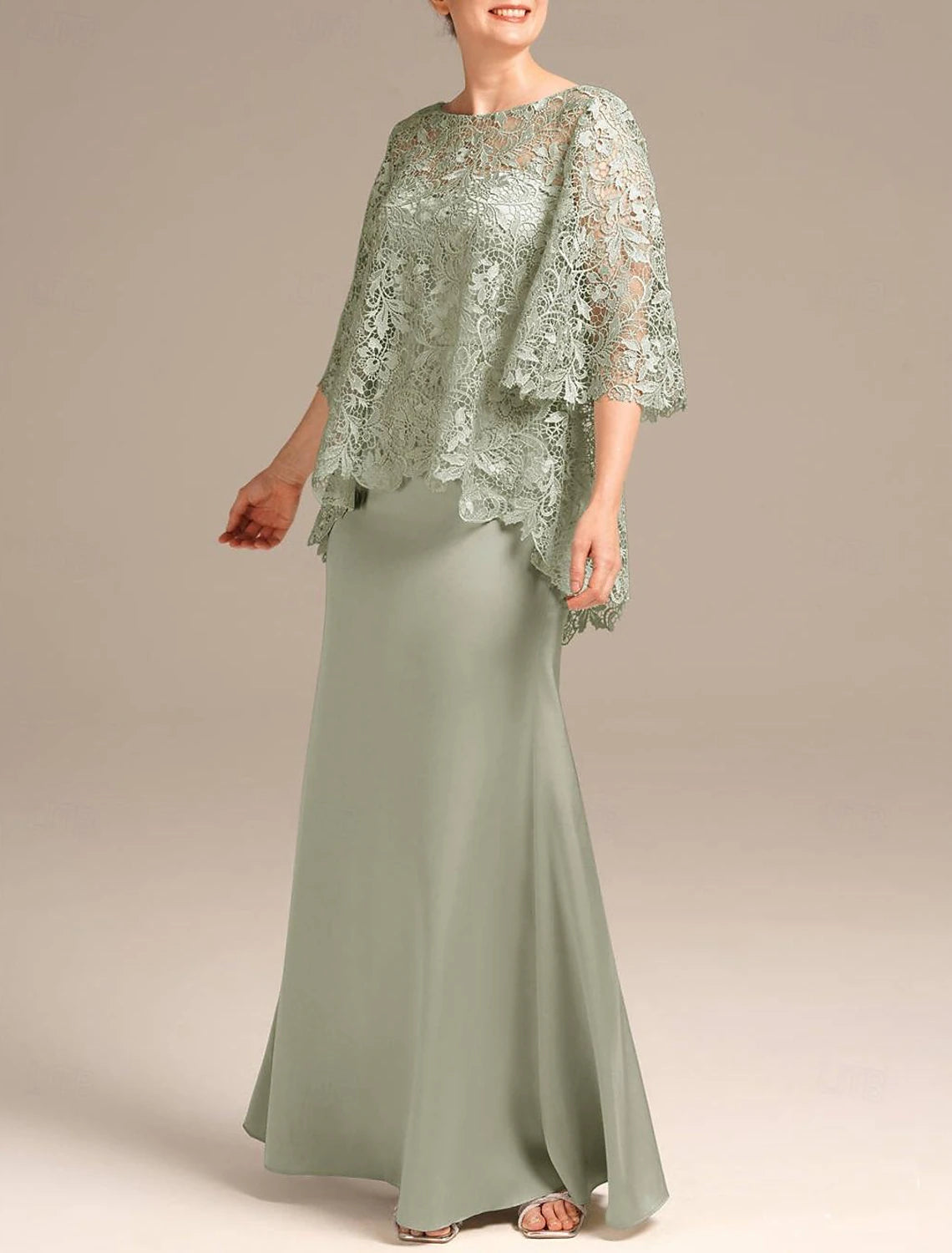 Wedding Guest Dress Jewel Neck Floor Length Mother of the Bride Dress Satin Lace Half Sleeve with Embroidery